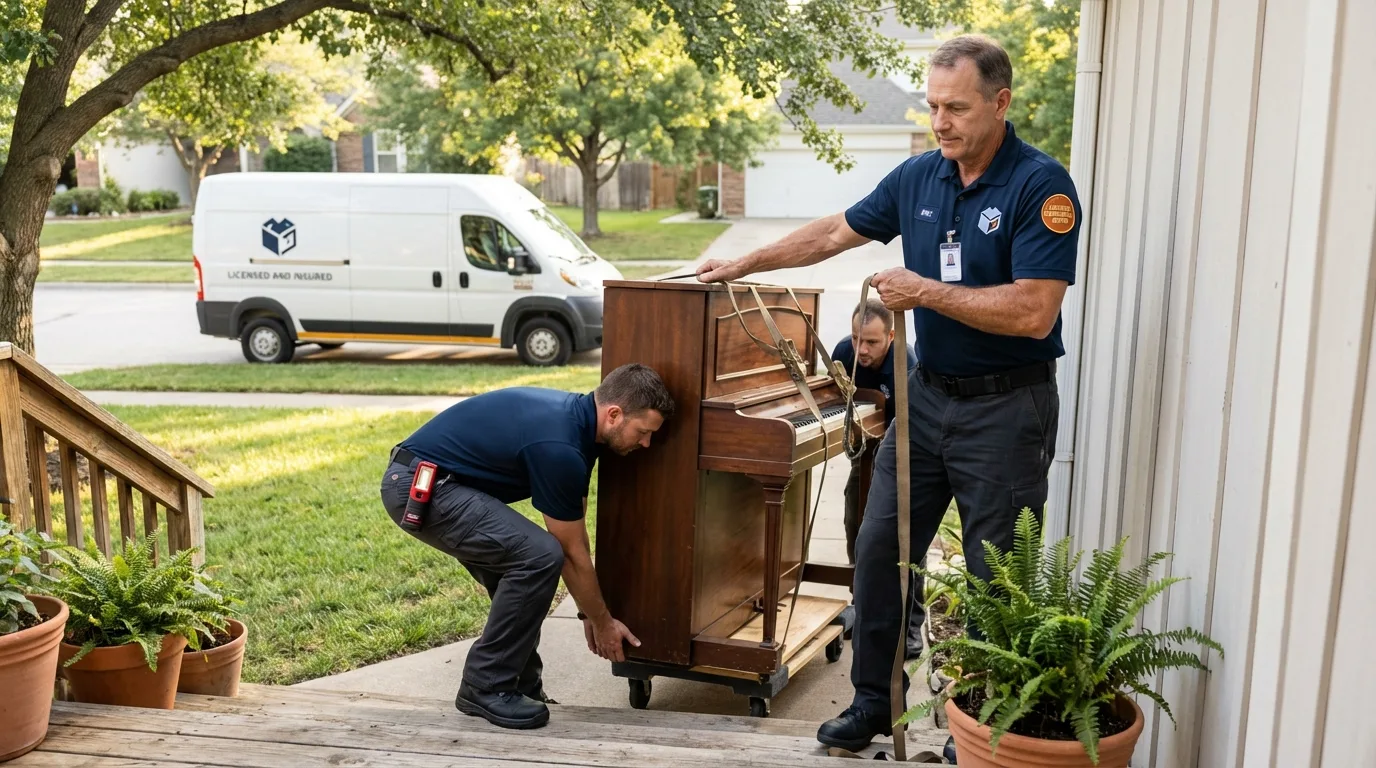Licensed piano movers securing grand piano in King and Queen Court House, VA
