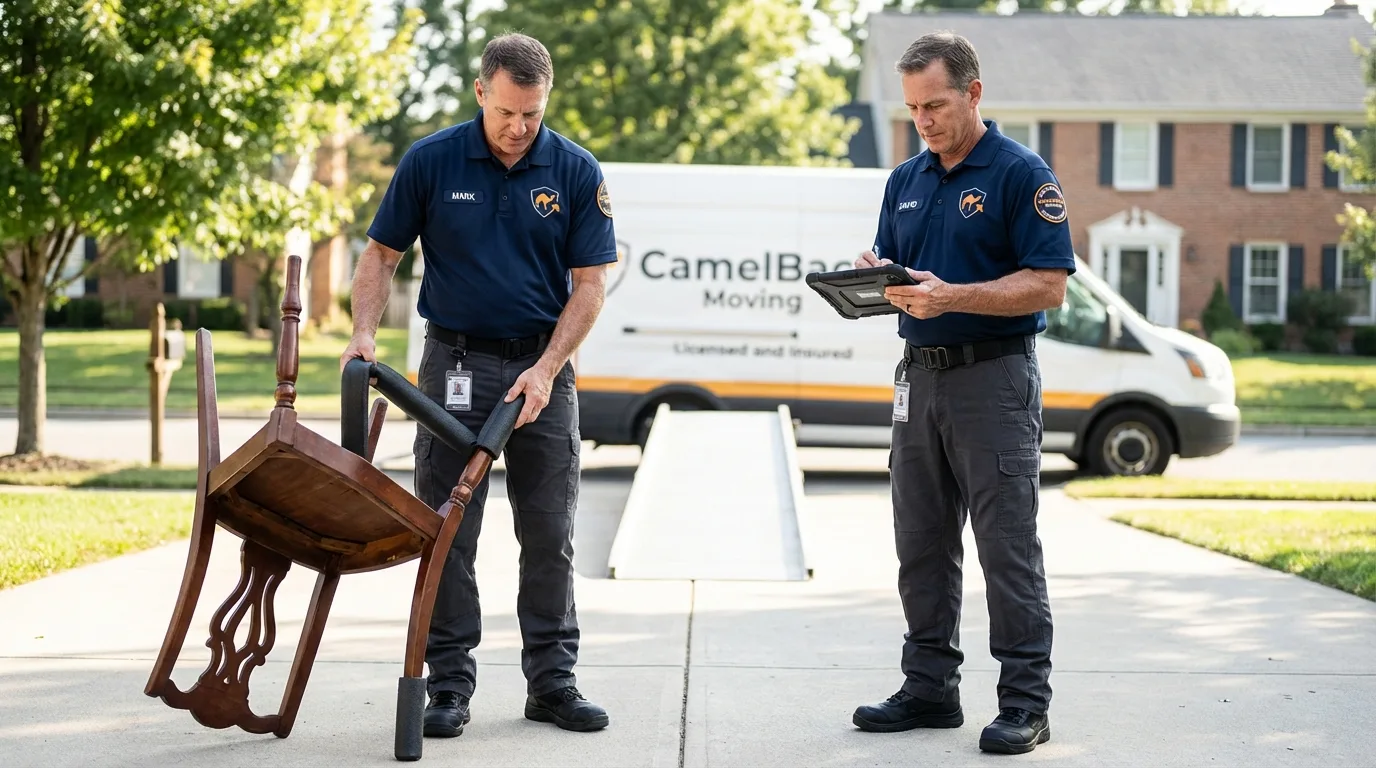 Movers inspecting furniture for damage prevention before loading in King and Queen Court House, VA