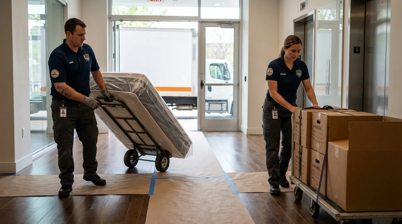 Professional apartment movers loading elevator in King and Queen Court House, VA