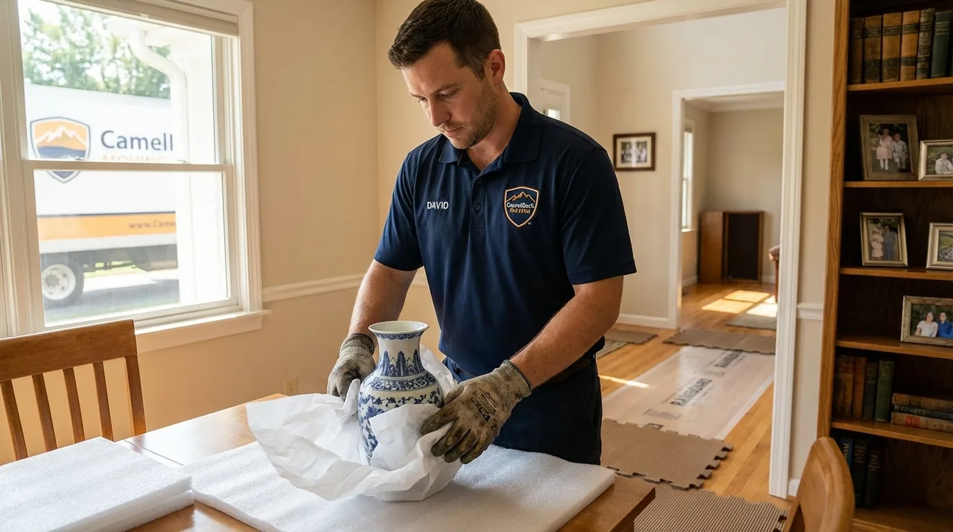 Professional crew carefully wrapping antique vase for senior downsizing move in King and Queen Court House, VA